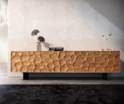 LowboardSolu 220 cm Akazie Natur 2 Türen 4 Schübe Fuß schwebend Metall Schwarz 3D-Front Sofort versandfertig