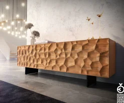 LowboardSolu 175 cm Akazie Natur 2 Türen 2 Schübe Fuß schwebend Metall Schwarz 3D-Front Sofort versandfertig