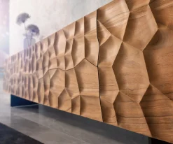 LowboardSolu 260 cm Akazie Natur 2 Türen 6 Schübe Fuß schwebend Metall Schwarz 3D-Front Sofort versandfertig