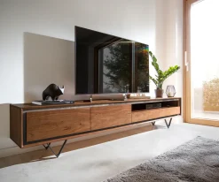 LowboardStonegrace 240 cm Akazie Braun Steinfurnier 2 Türen 2 Schubladen 1 Fach V-Fuß Schwarz Sofort versandfertig