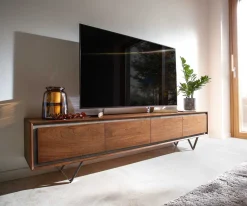 LowboardStonegrace 200 cm Akazie Braun Steinfurnier 4 Türen V-Fuß Schwarz Sofort versandfertig