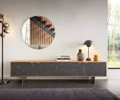 LowboardTeele 200 cm Akazie Natur Schiefer 4 Türen Fuß schwebend Edelstahl Sofort versandfertig