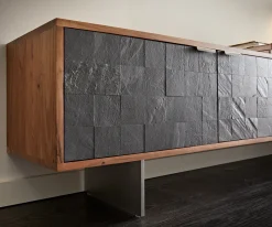 LowboardTeele 200 cm Akazie Natur Schiefer 4 Türen Fuß schwebend Edelstahl Sofort versandfertig
