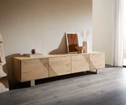 LowboardTereos 220 cm Eiche Natur 3D Effekt 4 Türen Kufe Edelstahl gebürstet Sofort versandfertig