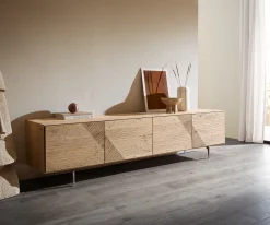 LowboardTereos 220 cm Eiche Natur 3D Effekt 4 Türen Winkelfuß Edelstahl gebürstet Sofort versandfertig