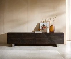 LowboardTereos 220 cm Esche Dunkelbraun 3D Effekt 4 Türen Kufe Edelstahl gebürstet Versandfertig ca. 28.10.26