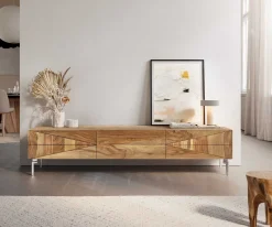 LowboardWyatt 175 cm Sheesham Natur 2 Türen 1 Klappe Fuß Oval Edelstahl Sofort versandfertig