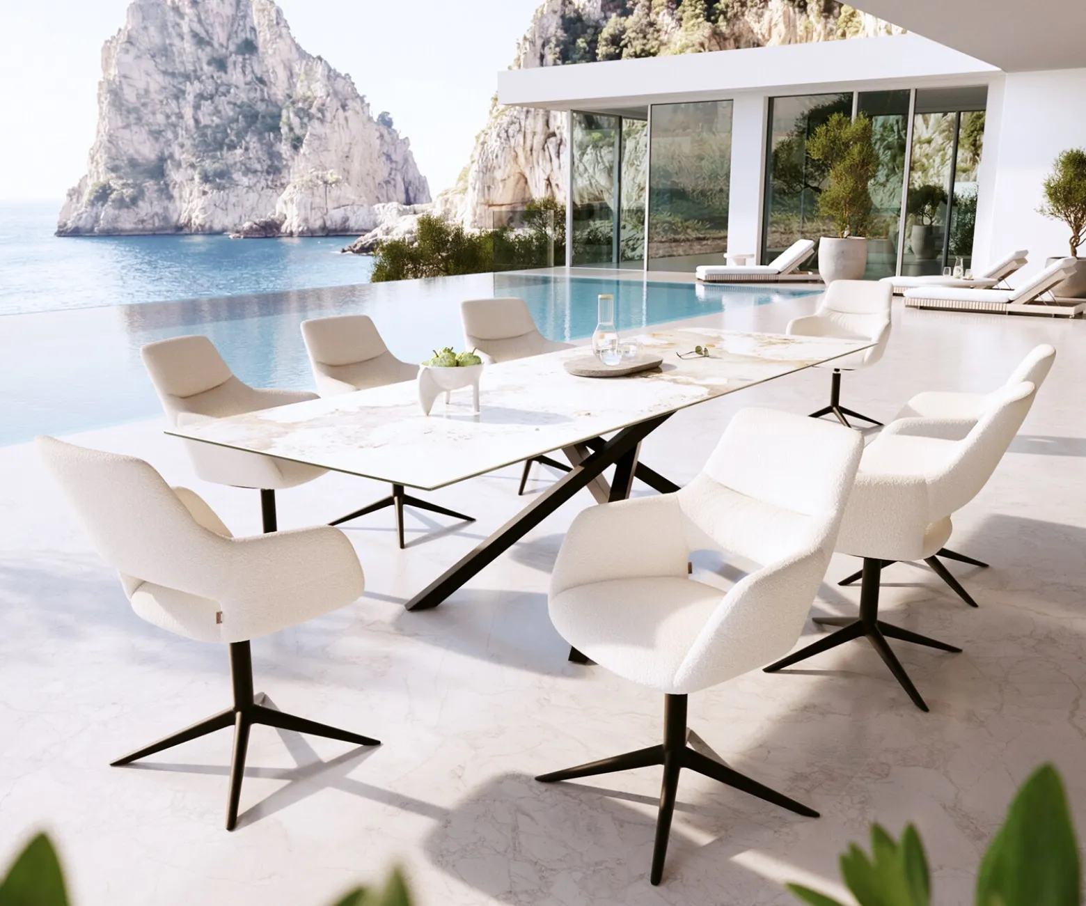 OutdoorstuhlYago-Flex mit Armlehnen Bouclé Weiß Fußkreuz Schwarz 360° drehbar Wippfunktion Sofort versandfertig