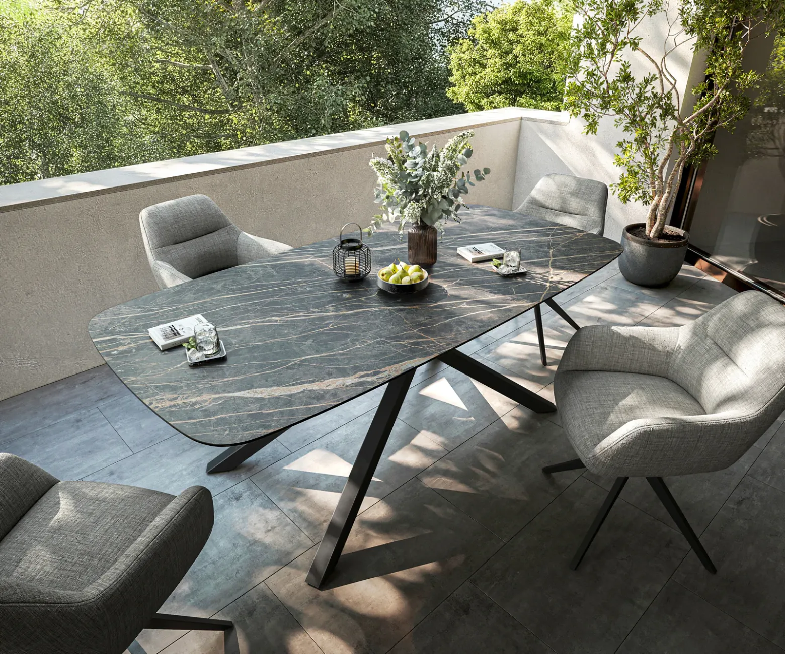 OutdoortischEdge Boot 200x100 cm Keramik Laminam® Noir Desir Braun Kreuzgestell Rechteck Schwarz Sofort versandfertig