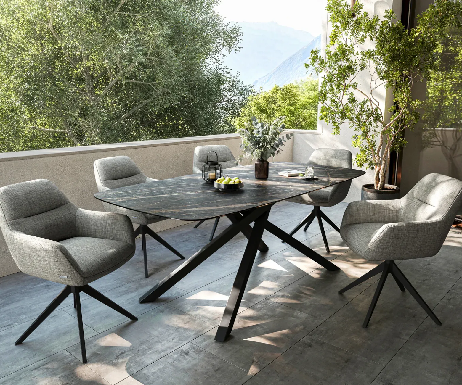 OutdoortischEdge Boot 200x100 cm Keramik Laminam® Noir Desir Braun Kreuzgestell Rechteck Schwarz Sofort versandfertig