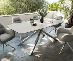 OutdoortischEdge Boot 200x100 cm Keramik Laminam® Travertino Bianco Creme-Weiß Kreuzgestell Rechteck Edelstahl Versandfertig ca. 17.08.26