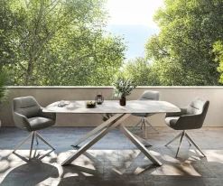 OutdoortischEdge Boot 200x100 cm Keramik Laminam® Travertino Bianco Creme-Weiß Kreuzgestell Rechteck Edelstahl Versandfertig ca. 17.08.26