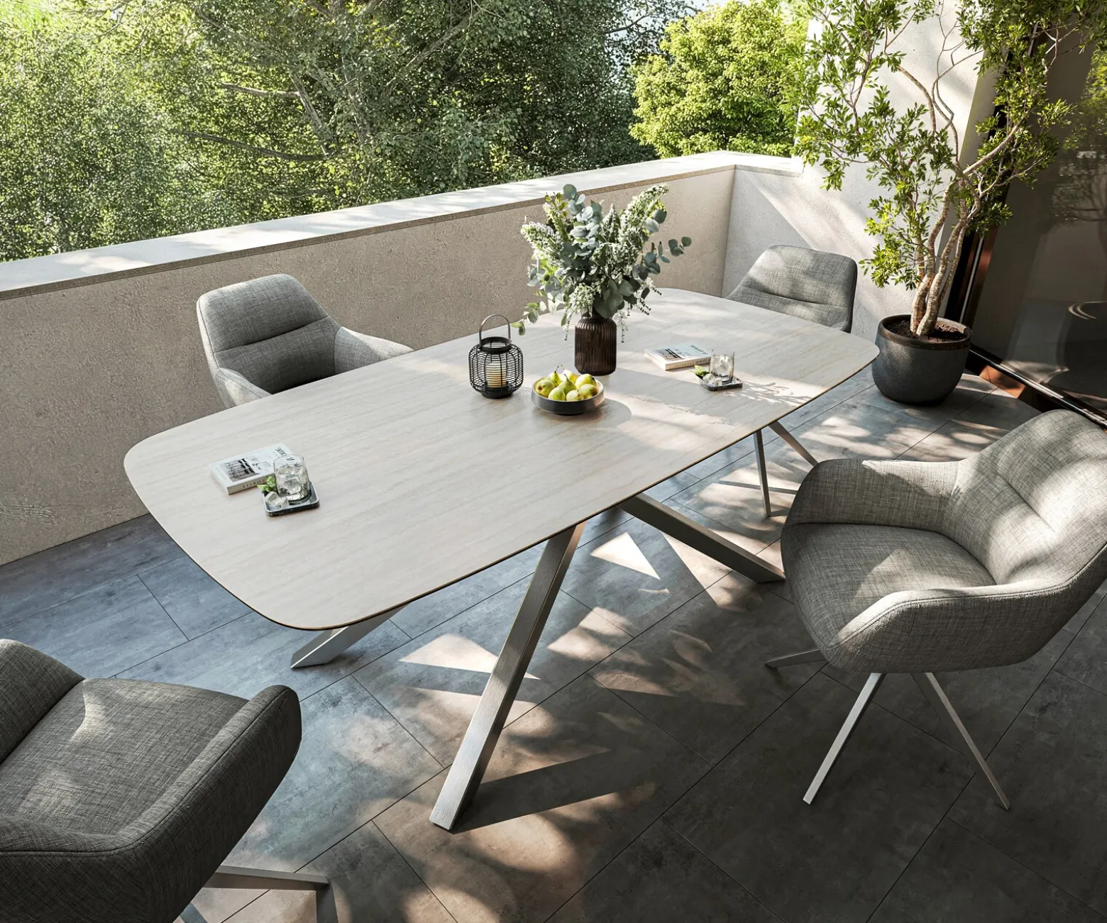OutdoortischEdge Boot 200x100 cm Keramik Laminam® Travertino Bianco Creme-Weiß Kreuzgestell Rechteck Edelstahl Versandfertig ca. 17.08.26