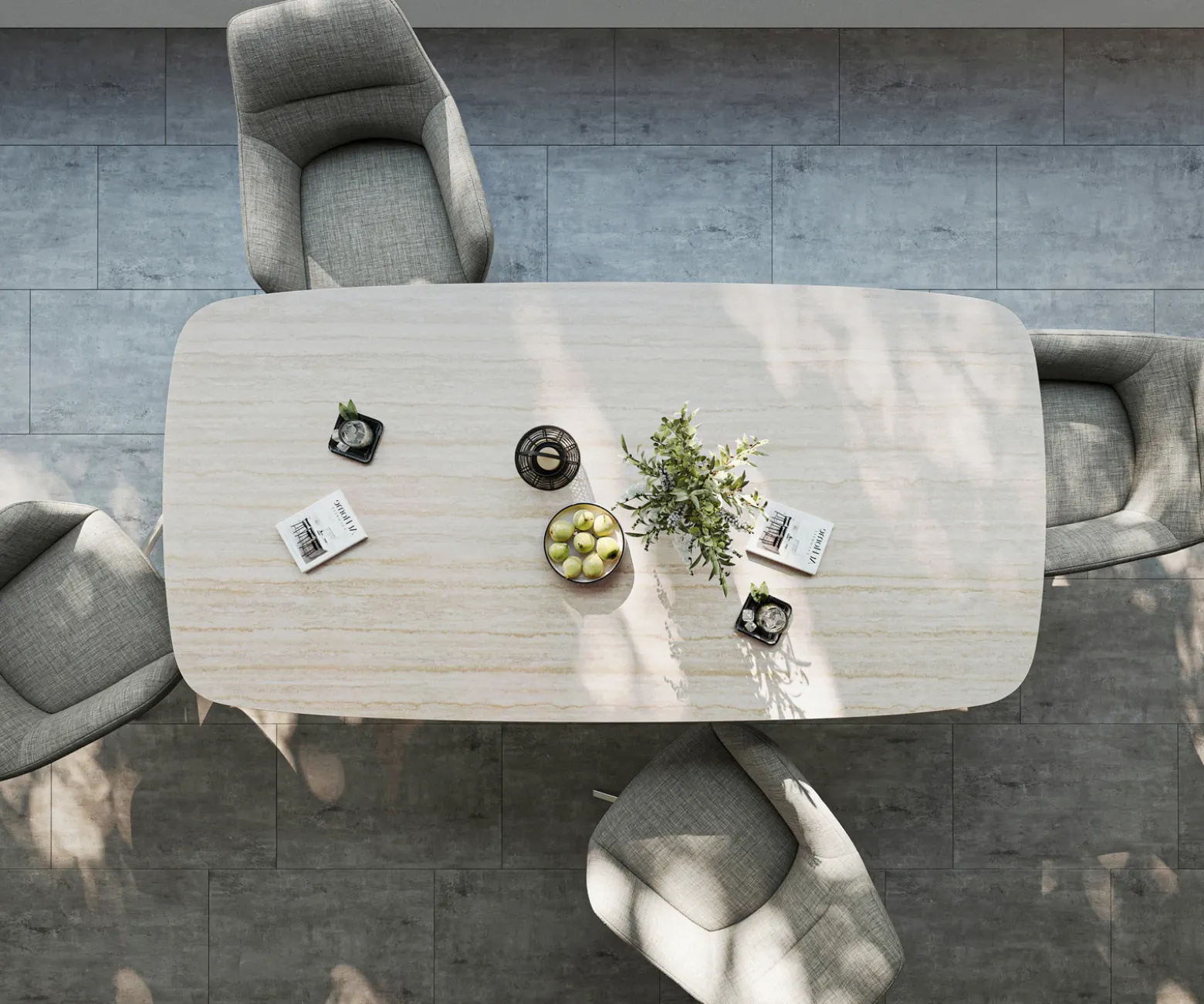 OutdoortischEdge Boot 200x100 cm Keramik Laminam® Travertino Bianco Creme-Weiß Kreuzgestell Rechteck Edelstahl Versandfertig ca. 17.08.26
