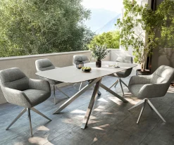 OutdoortischEdge Boot 200x100 cm Keramik Laminam® Travertino Bianco Creme-Weiß Kreuzgestell Rechteck Edelstahl Versandfertig ca. 17.08.26