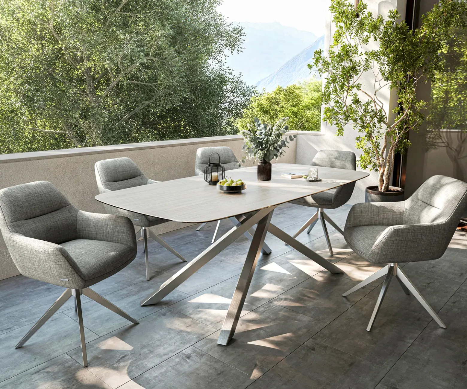 OutdoortischEdge Boot 200x100 cm Keramik Laminam® Travertino Bianco Creme-Weiß Kreuzgestell Rechteck Edelstahl Versandfertig ca. 17.08.26