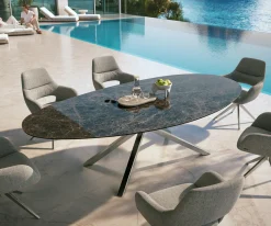 OutdoortischEdge Oval 280x130 cm Keramik Emperador Extra Lucidato Dunkelbraun Kreuzgestell Rechteck Edelstahl Versandfertig ca. 17.08.26