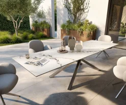 OutdoortischEdge 300x100 cm Keramik Calacatta Luxe Weiß-Gold-Grau Kreuzgestell Rechteck Edelstahl Versandfertig ca. 17.08.26