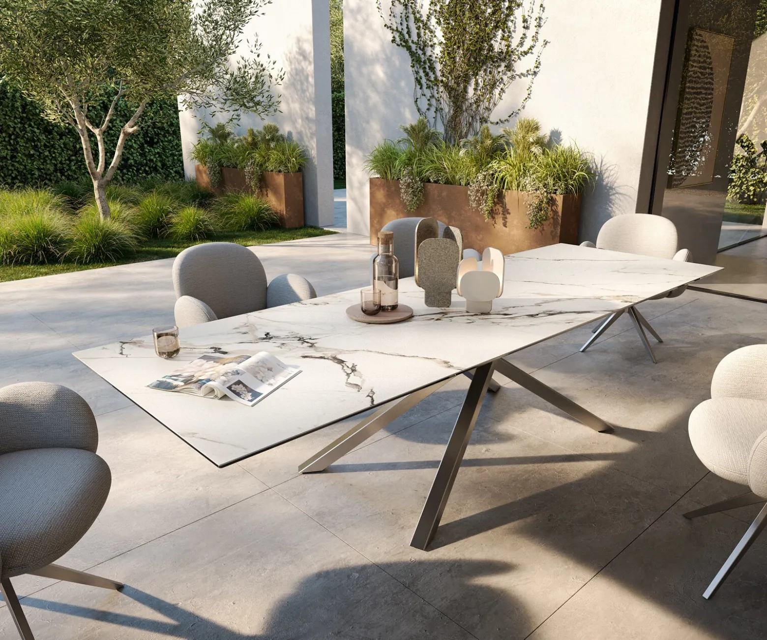 OutdoortischEdge 300x100 cm Keramik Calacatta Luxe Weiß-Gold-Grau Kreuzgestell Rechteck Edelstahl Versandfertig ca. 17.08.26