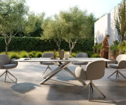 OutdoortischEdge 300x100 cm Keramik Calacatta Luxe Weiß-Gold-Grau Kreuzgestell Rechteck Edelstahl Versandfertig ca. 17.08.26