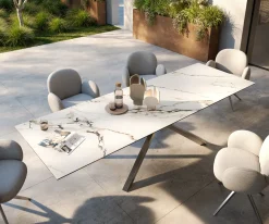 OutdoortischEdge 300x100 cm Keramik Calacatta Luxe Weiß-Gold-Grau Kreuzgestell Rechteck Edelstahl Versandfertig ca. 17.08.26