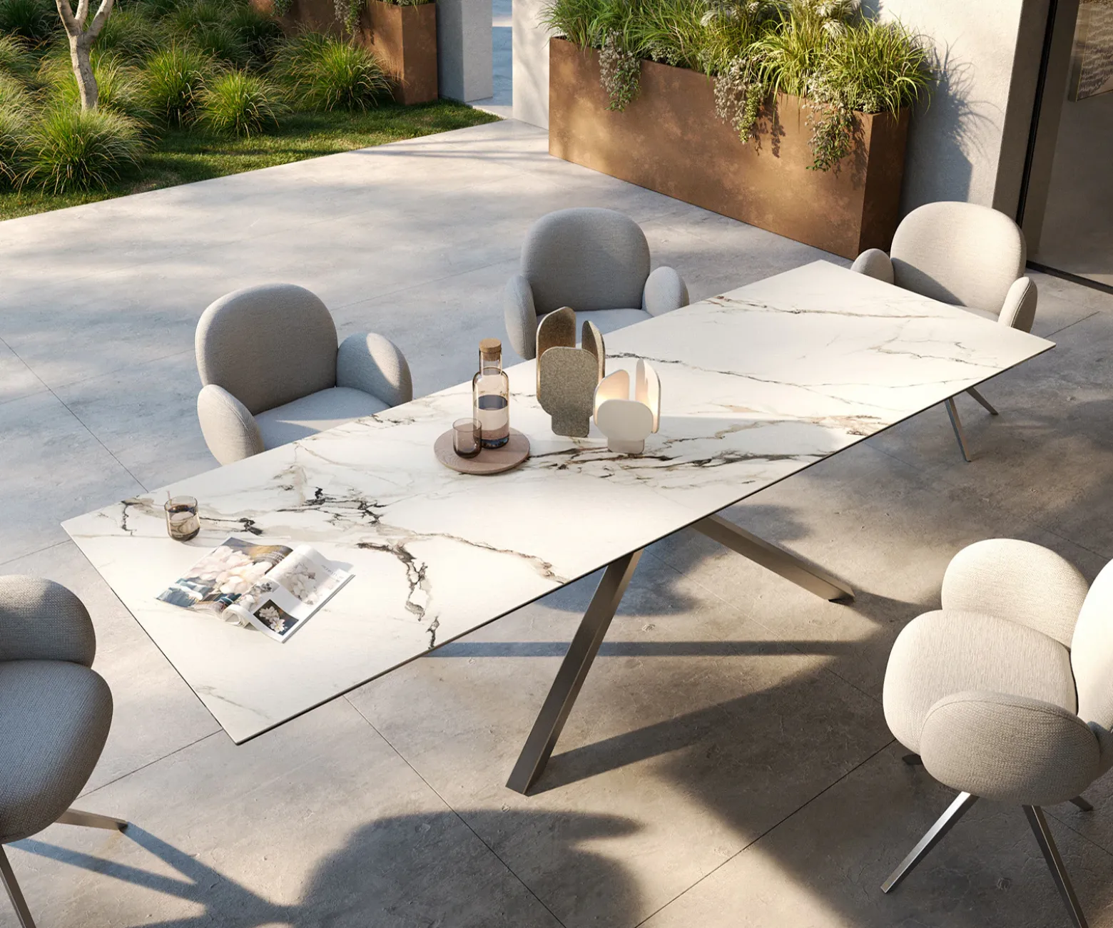 OutdoortischEdge 300x100 cm Keramik Calacatta Luxe Weiß-Gold-Grau Kreuzgestell Rechteck Edelstahl Versandfertig ca. 17.08.26