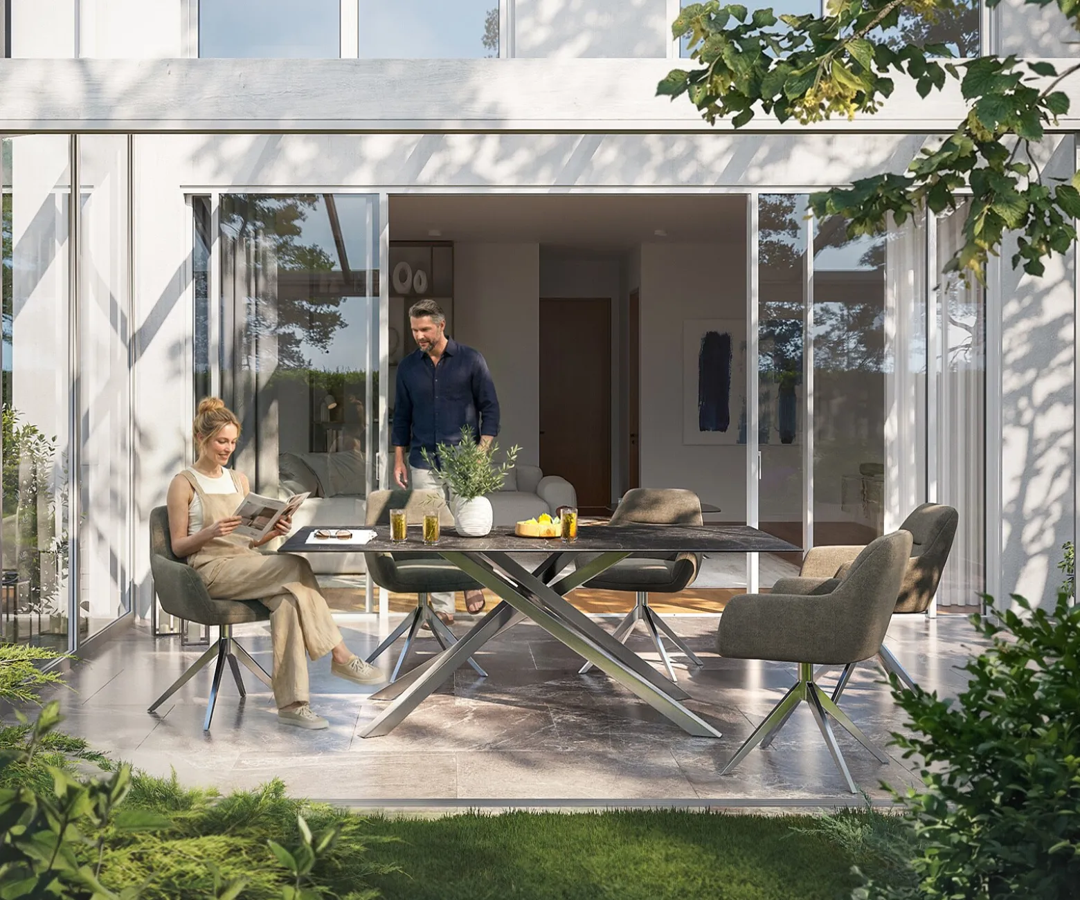 OutdoortischEdge 200x100 cm Keramik Laminam® Nero Greco Anthrazit Kreuzgestell Rechteck Edelstahl Versandfertig ca. 17.08.26