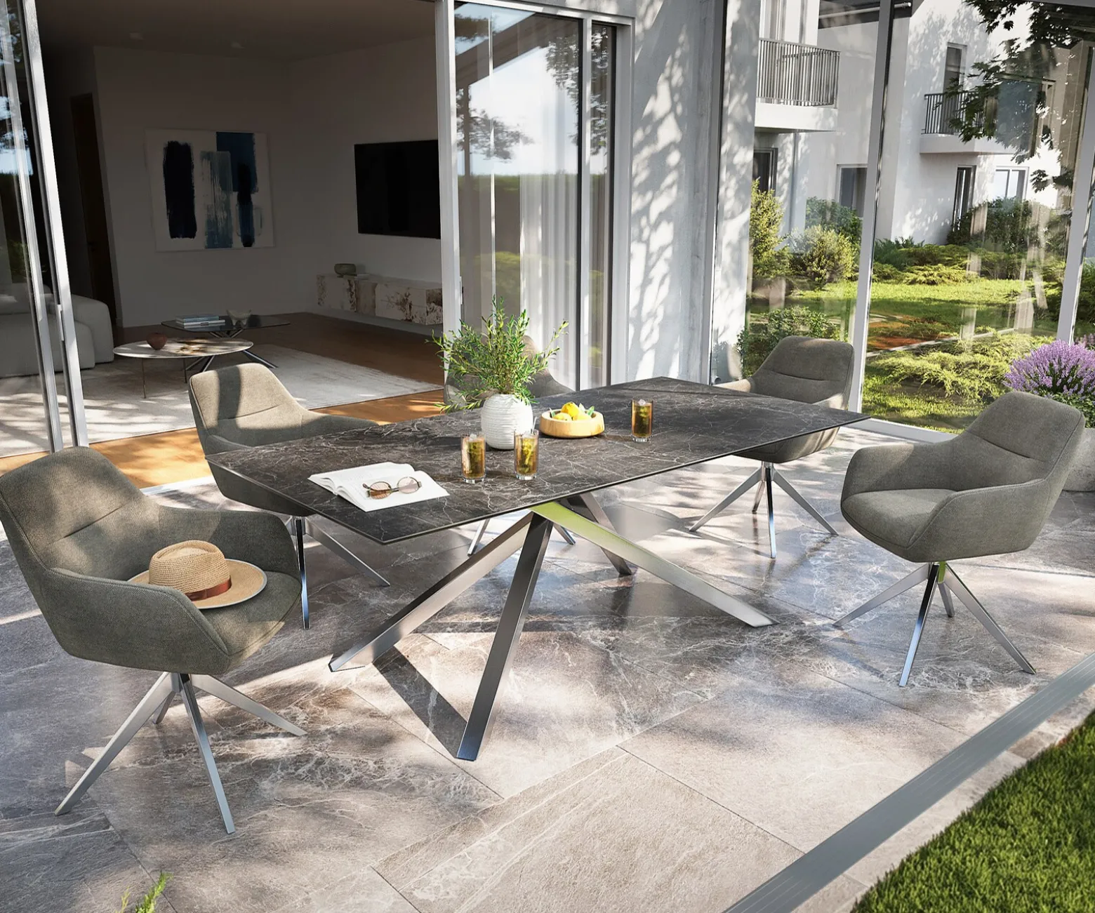 OutdoortischEdge 200x100 cm Keramik Laminam® Nero Greco Anthrazit Kreuzgestell Rechteck Edelstahl Versandfertig ca. 17.08.26