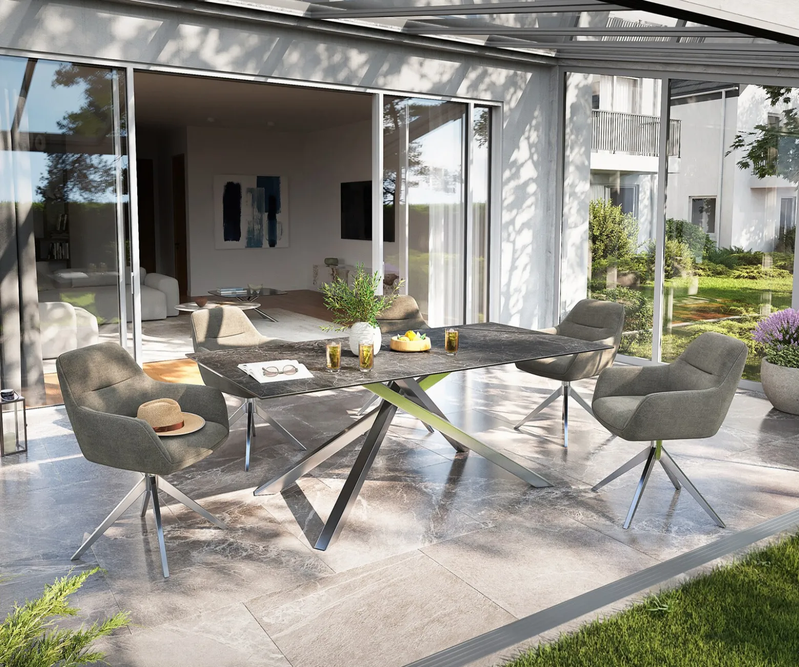 OutdoortischEdge 200x100 cm Keramik Laminam® Nero Greco Anthrazit Kreuzgestell Rechteck Edelstahl Versandfertig ca. 17.08.26
