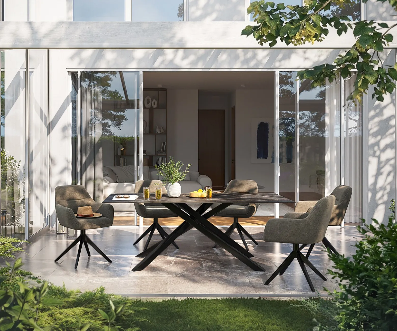 OutdoortischEdge 200x100 cm Keramik Laminam® Noir Desir Braun Kreuzgestell Rechteck Schwarz Sofort versandfertig