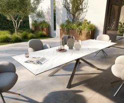 OutdoortischEdge 300x100 cm Keramik Laminam® Statuarietto Weiß Kreuzgestell Rechteck Edelstahl Versandfertig ca. 17.08.26