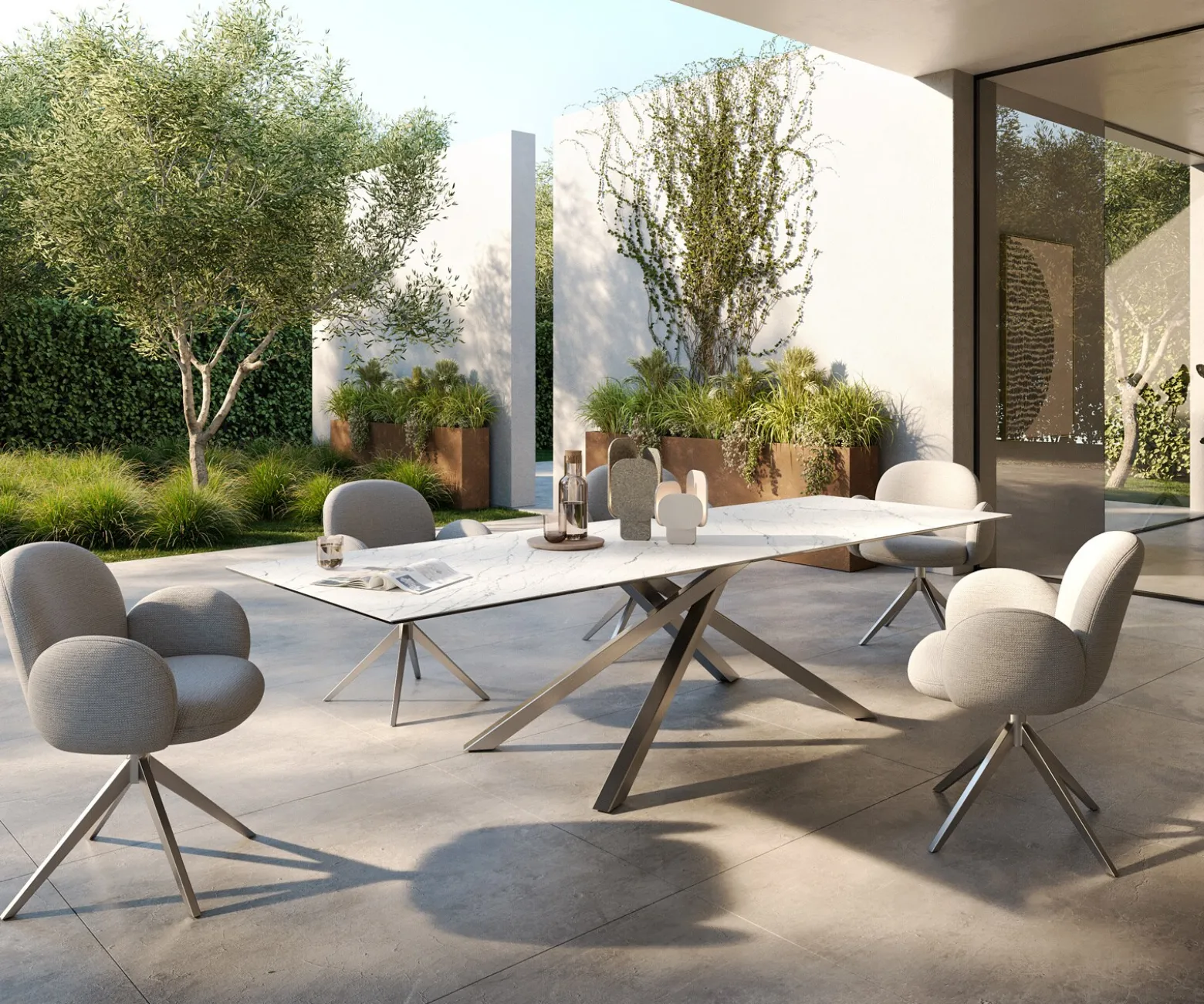 OutdoortischEdge 300x100 cm Keramik Laminam® Statuarietto Weiß Kreuzgestell Rechteck Edelstahl Versandfertig ca. 17.08.26