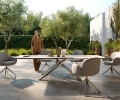 OutdoortischEdge 300x100 cm Keramik Laminam® Travertino Bianco Creme-Weiß Kreuzgestell Rechteck Edelstahl Versandfertig ca. 17.08.26