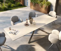 OutdoortischEdge 300x100 cm Keramik Laminam® Travertino Bianco Creme-Weiß Kreuzgestell Rechteck Edelstahl Versandfertig ca. 17.08.26