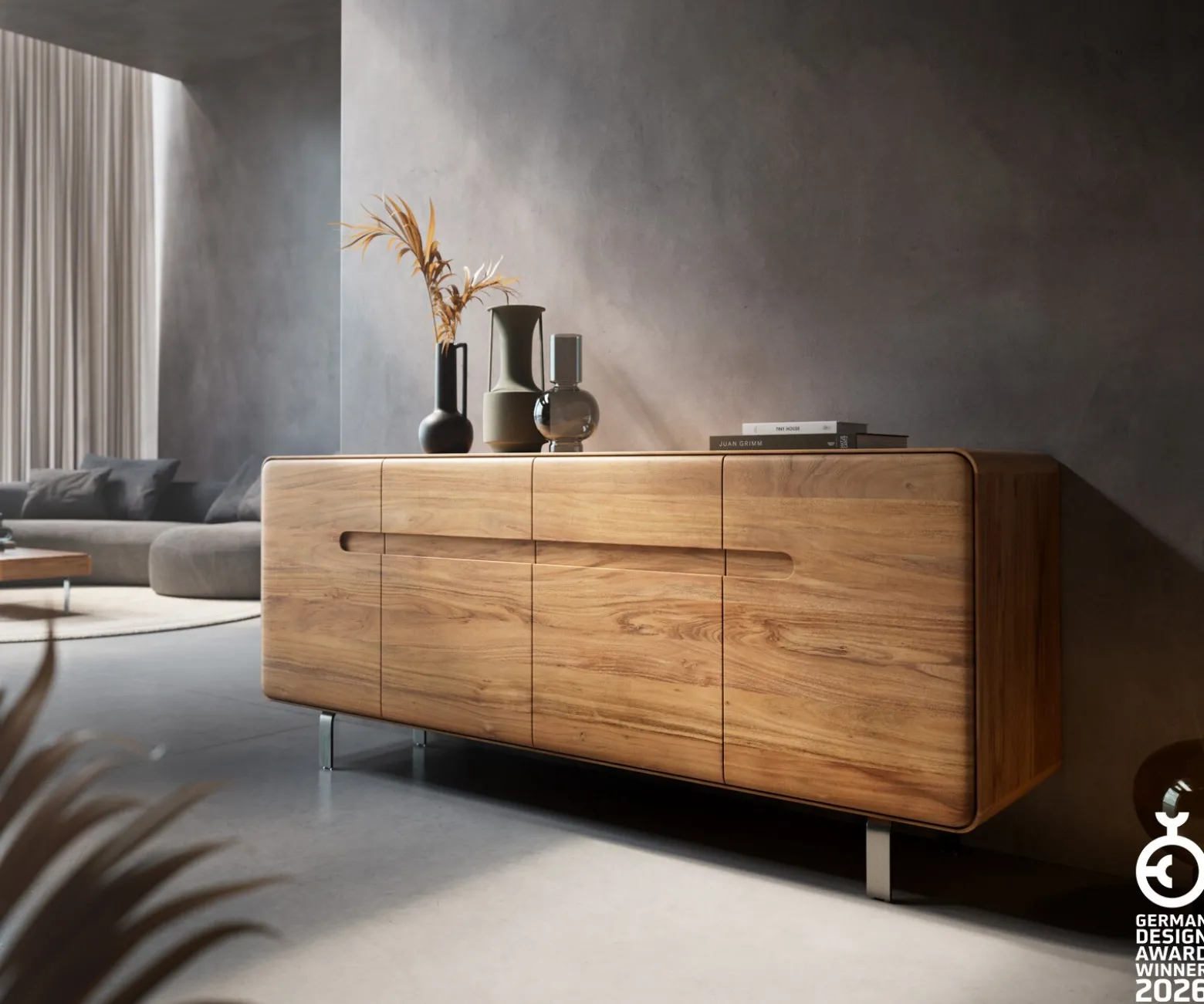 SideboardAnaya 175 cm Akazie Natur 4 Türen L-Fuß Edelstahl Sofort versandfertig