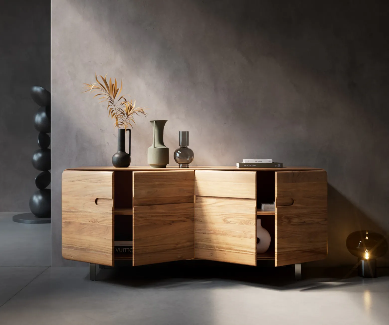 SideboardAnaya 175 cm Akazie Natur 4 Türen L-Fuß Edelstahl Sofort versandfertig