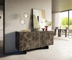 SideboardCuor 150 cm Keramik Emperador Extra Lucidato Dunkelbraun 3 Türen Fuß Schwebeoptik Metall Schwarz Sofort versandfertig