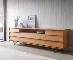 SideboardEloi 240x40 cm Akazie Natur 2 Türen 6 Schubladen V-Fuß Edelstahl Sofort versandfertig