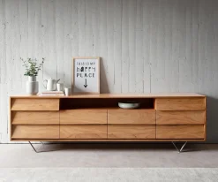SideboardEloi 240x40 cm Akazie Natur 2 Türen 6 Schubladen V-Fuß Edelstahl Sofort versandfertig