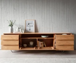 SideboardEloi 240x40 cm Akazie Natur 2 Türen 6 Schubladen V-Fuß Edelstahl Sofort versandfertig