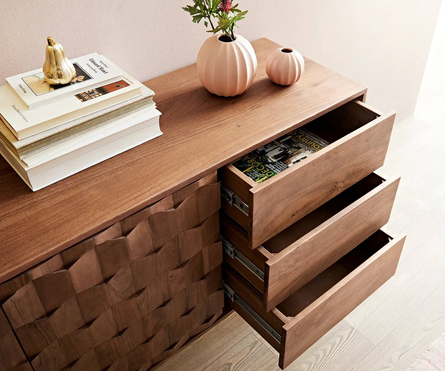 SideboardFevo 175 cm Akazie Braun 2 Türen 3 Schubfächer L-Fuß Sofort versandfertig