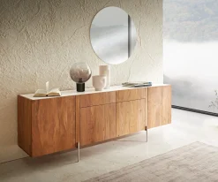 SideboardSecara 200 cm Akazie Natur 4 Türen 2 Schübe Marmor Füße Edelstahl Versandfertig ca. 25.11.26