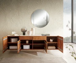 SideboardSecara 200 cm Akazie Natur 4 Türen 2 Schübe Marmor Füße Edelstahl Versandfertig ca. 25.11.26