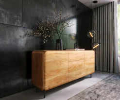 SideboardShavani 175 cm Akazie Natur 2 Türen 3 Schubladen Rundfuß Metall Schwarz Versandfertig ca. 07.11.26