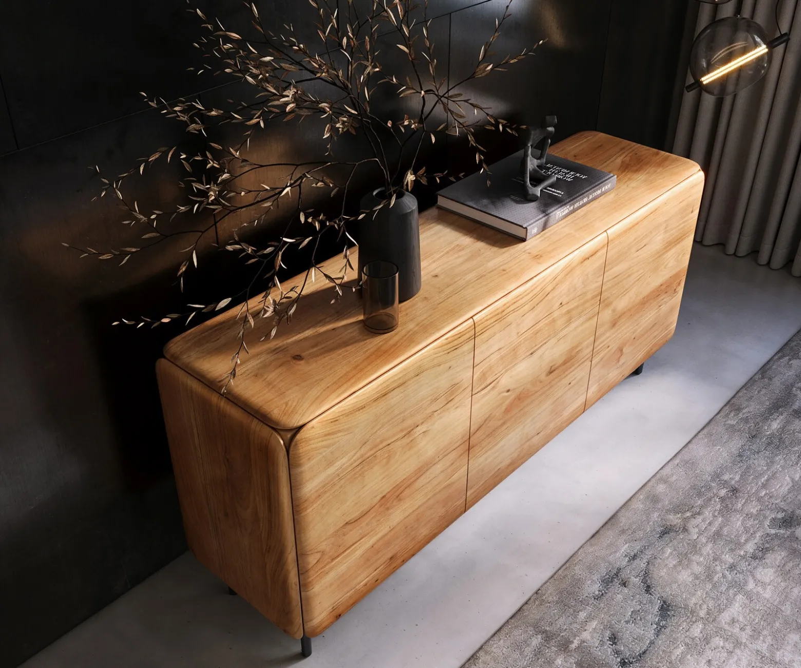 SideboardShavani 175 cm Akazie Natur 2 Türen 3 Schubladen Rundfuß Metall Schwarz Versandfertig ca. 07.11.26