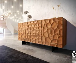 SideboardSolu 175 cm Akazie Natur 2 Türen 3 Schübe Fuß schwebend Metall Schwarz 3D-Front Versandfertig ca. 25.08.26