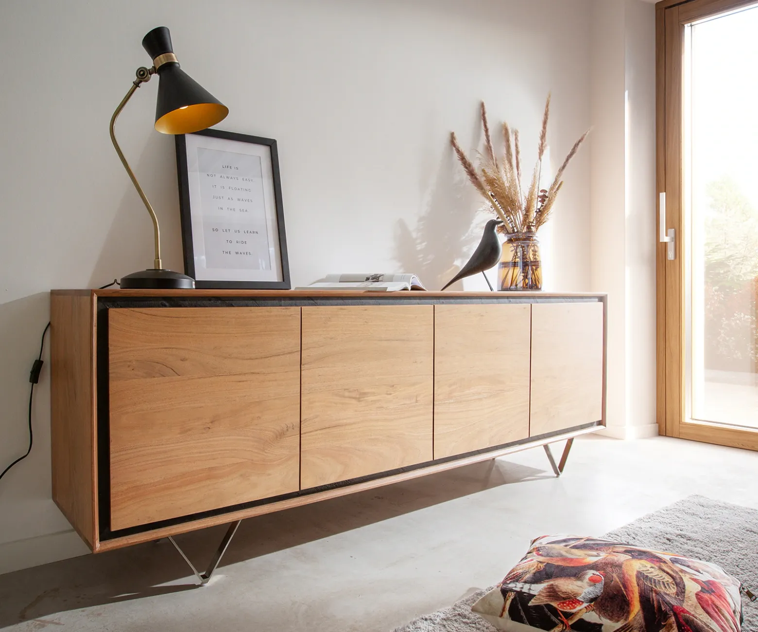 SideboardStonegrace 200 cm Akazie Natur 4 Türen Steinfurnier V-Fuß Sofort versandfertig