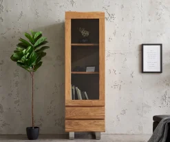 VitrineLive-Edge 60x190 cm Akazie Natur Baumkante 1 Tür 2 Schubladen Massiv Sofort versandfertig