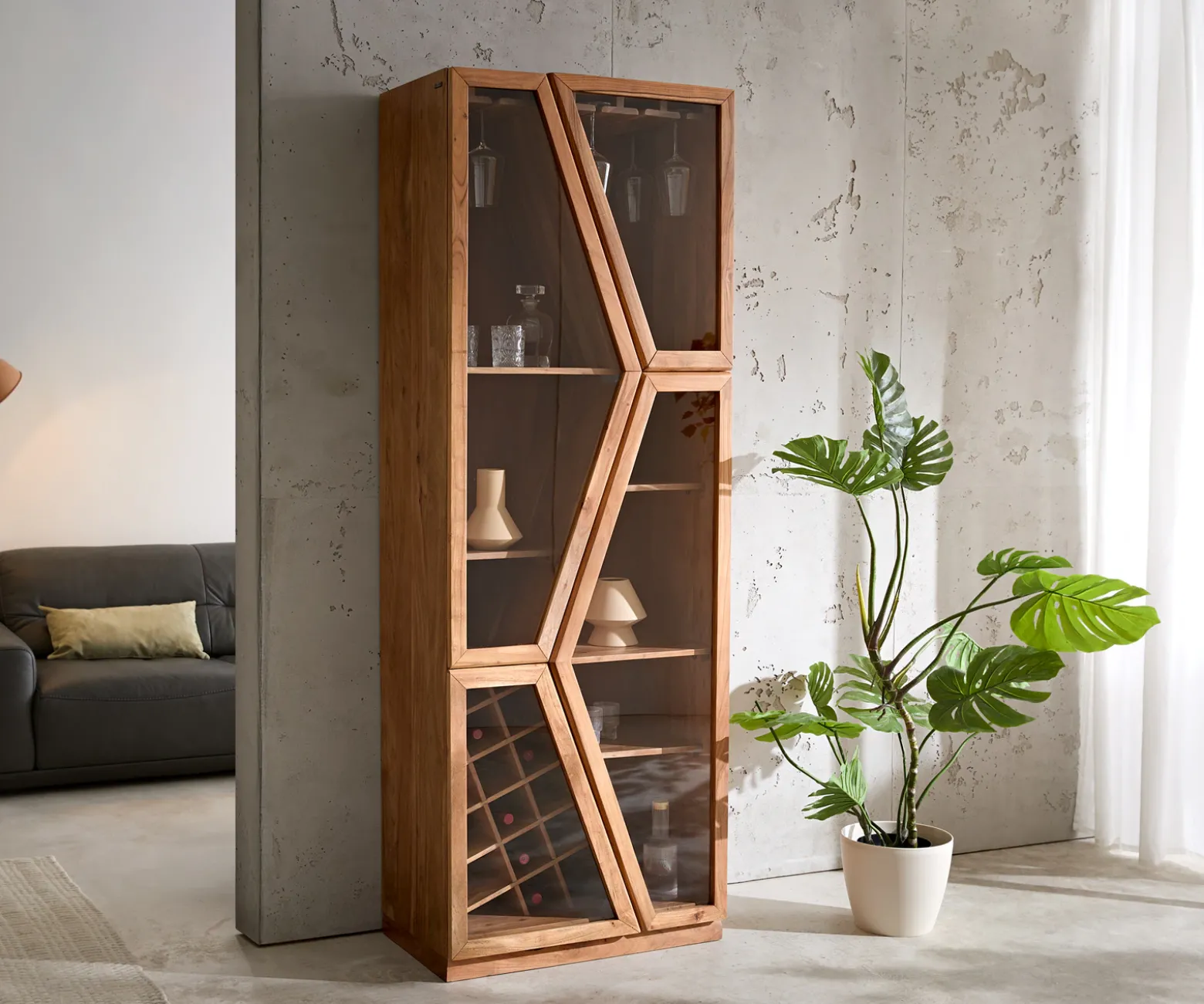 VitrineTaza 75x210 cm Akazie Natur 4 Türen Barschrank Sofort versandfertig