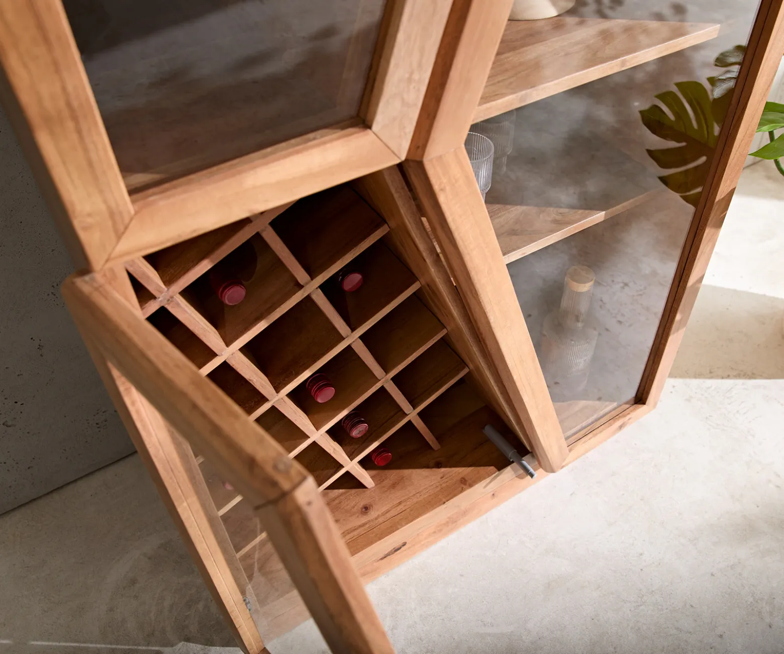 VitrineTaza 75x210 cm Akazie Natur 4 Türen Barschrank Sofort versandfertig